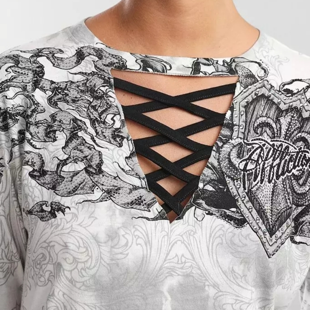 Affliction Fleur Shield lpng sleeve graphic embellished T-Shirt size XS - Picture 3 of 11